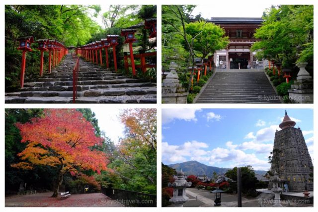 鞍馬寺の山門、貴船神社の階段、妙満寺の仏舎利塔、圓通寺の借景庭園の写真がグリッドで配置されています。