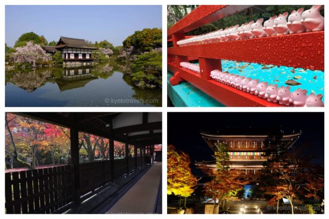 平安神宮の桜、岡崎神社の兎、真如堂の紅葉、金戒光明寺のライトアップの写真がグリッドで配置されています