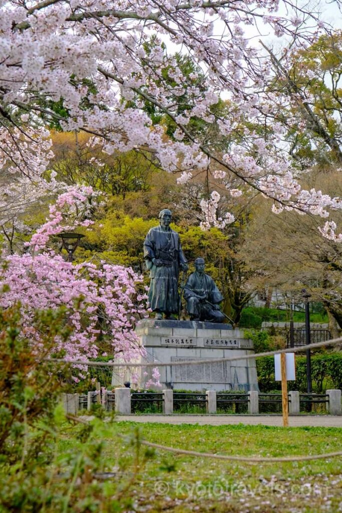 円山公園 坂本龍馬 中岡慎太郎の像と桜